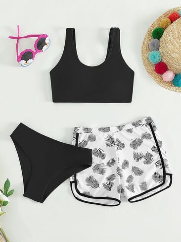 COZYEASE Girl's 3 Piece Bikini Sets Tropical Print Swimsuit Bathing Suit with Shorts in Saudi Arabia