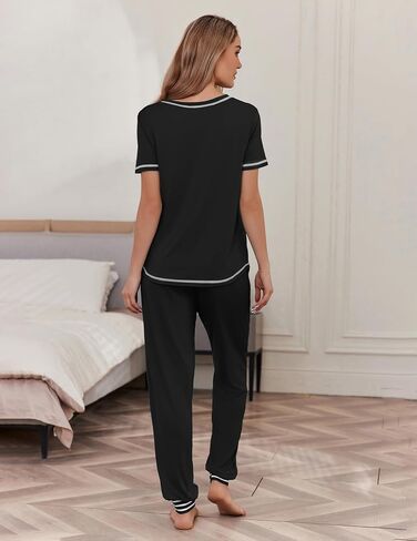 Ekouaer Pajama Sets for Women Short Sleeve Pjs Sets 2 Piece Loungewear Sleepwear with Long Joggers Pants in Kuwait