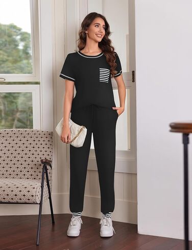 Ekouaer Pajama Sets for Women Short Sleeve Pjs Sets 2 Piece Loungewear Sleepwear with Long Joggers Pants in Kuwait