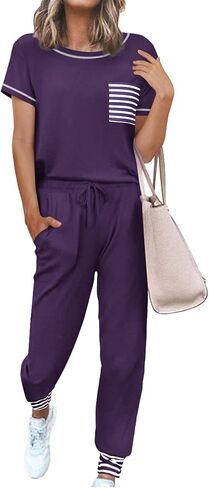 مجموعات Ekouaer Pajama للمرأة قصيرة الأكمام PJS مجموعة 2 قطعة ملابس نوم مع سروال طويل الركض in Saudi Arabia