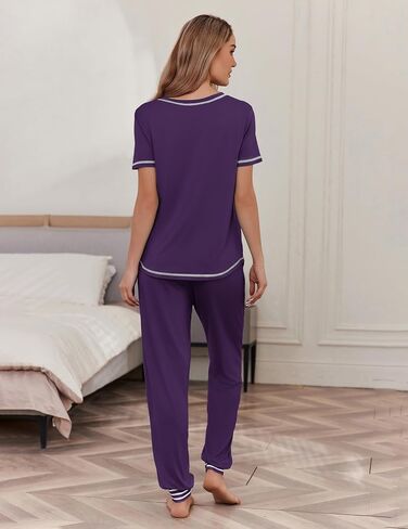 مجموعات Ekouaer Pajama للمرأة قصيرة الأكمام PJS مجموعة 2 قطعة ملابس نوم مع سروال طويل الركض in Saudi Arabia