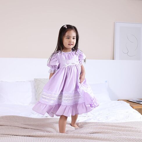 لباس الفتيات ، فستان إيرث زرقاء عتيقة ، دانتيل أبيض ، غلاف نفخة ، نمط طويل لفصل الربيع والخريف in Kuwait