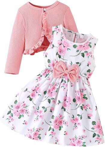 Yanmucy 2PCS Little Toddler Girls Dress with Cardigan Floral Dresses Ruffle Shrug Sweaters Spring Full Clothes for 2-8 Years in Saudi Arabia