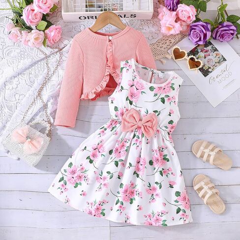 Yanmucy 2PCS Little Toddler Girls Dress with Cardigan Floral Dresses Ruffle Shrug Sweaters Spring Full Clothes for 2-8 Years in Saudi Arabia