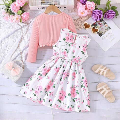 Yanmucy 2PCS Little Toddler Girls Dress with Cardigan Floral Dresses Ruffle Shrug Sweaters Spring Full Clothes for 2-8 Years in Saudi Arabia