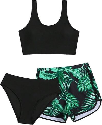 COZYEASE Girl's 3 Piece Bikini Sets Tropical Print Swimsuit Bathing Suit with Shorts in Saudi Arabia