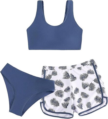 COZYEASE Girl's 3 Piece Bikini Sets Tropical Print Swimsuit Bathing Suit with Shorts in Saudi Arabia