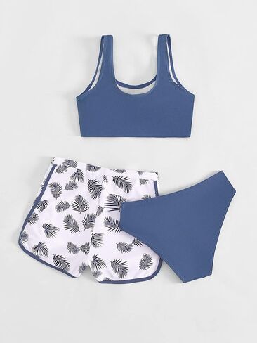 COZYEASE Girl's 3 Piece Bikini Sets Tropical Print Swimsuit Bathing Suit with Shorts in Saudi Arabia