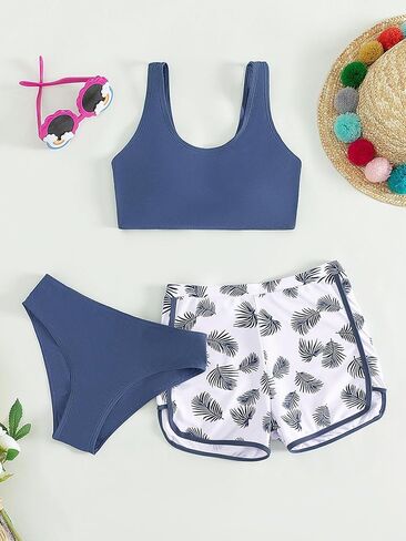 COZYEASE Girl's 3 Piece Bikini Sets Tropical Print Swimsuit Bathing Suit with Shorts in Saudi Arabia