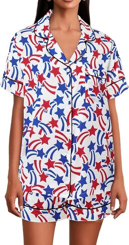 Women 4th of July Pajamas Set American Flag Print Satin Button Down Short Sleeve Tops Shorts 2 Piece Loungewear in Saudi Arabia