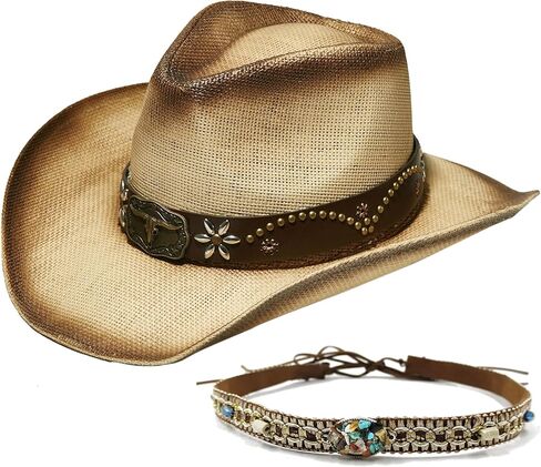 القش Western Western Cowboy Hat Men & Women ، حزام Rhinestone القابل للتعديل- المهرجانات قبعة الحفلات الخارجية على الطراز الغربي in Saudi Arabia