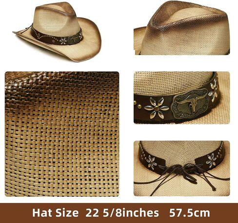 القش Western Western Cowboy Hat Men & Women ، حزام Rhinestone القابل للتعديل- المهرجانات قبعة الحفلات الخارجية على الطراز الغربي in Saudi Arabia