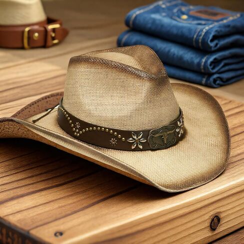 القش Western Western Cowboy Hat Men & Women ، حزام Rhinestone القابل للتعديل- المهرجانات قبعة الحفلات الخارجية على الطراز الغربي in Saudi Arabia