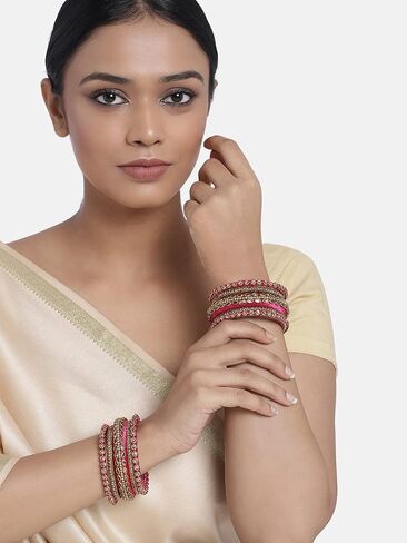 Aheli Ethnic Handmade Silk Thread Bangle Set Chudha Bracelet Faux Stone Studded Indian Traditional Wedding Wear Fashion Jewelry Gift for Women 2.6 Inch in Saudi Arabia