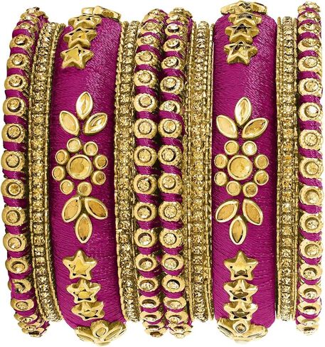 Aheli Ethnic Handmade Silk Thread Bangle Set Chudha Bracelet Faux Stone Studded Indian Traditional Wedding Wear Fashion Jewelry Gift for Women 2.6 Inch in Saudi Arabia