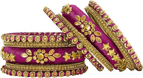 Aheli Ethnic Handmade Silk Thread Bangle Set Chudha Bracelet Faux Stone Studded Indian Traditional Wedding Wear Fashion Jewelry Gift for Women 2.6 Inch in Saudi Arabia