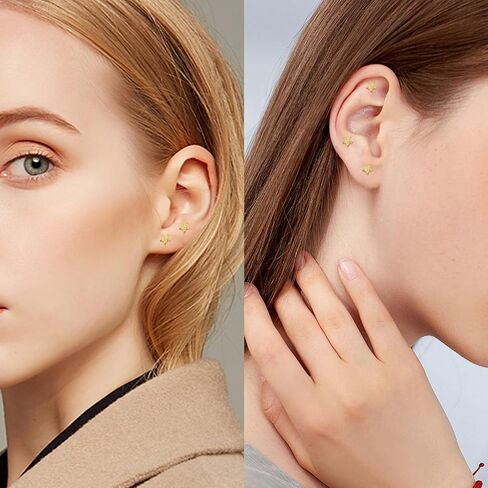 Minimalist Hypoallergenic Cartilage Earrings Set in Gold and Silver - 7 Styles, Copper Material, Surgical Steel, Screw Back, Second Hole Pierced Earrings for Sensitive Ears - Cute 5mm Ball Studs Jewelry Gift in Saudi Arabia