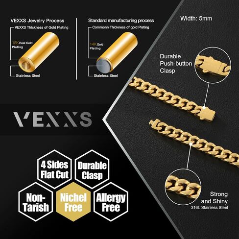 VEXXS Cuban Link Bracelet Flat Cut, 18K Real Gold Filled Stainless Steel Gold Bracelet, Durable No Color Fading 5mm 7mm Men’s Chain Bracelet Men’s Jewelry in Kuwait