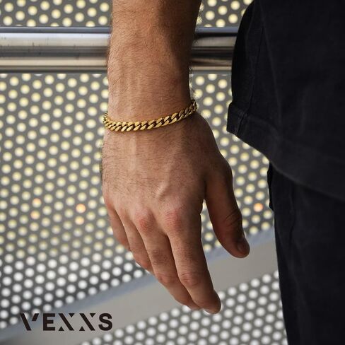 VEXXS Cuban Link Bracelet Flat Cut, 18K Real Gold Filled Stainless Steel Gold Bracelet, Durable No Color Fading 5mm 7mm Men’s Chain Bracelet Men’s Jewelry in Kuwait