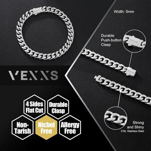VEXXS Cuban Link Bracelet Flat Cut, 18K Real Gold Filled Stainless Steel Gold Bracelet, Durable No Color Fading 5mm 7mm Men’s Chain Bracelet Men’s Jewelry in Kuwait
