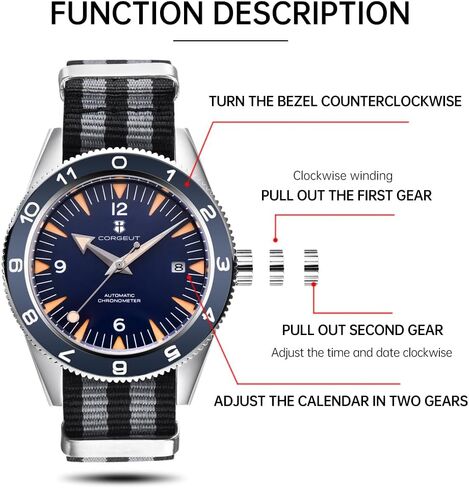 Corgeut 6013-NY Luxury Automatic Mechanical Self-Winding Men's Watch, Japanese Movement, 100M Waterproof, Nylon Strap, Date Display, Noctilucent - Stylish Timepiece for Men in Kuwait
