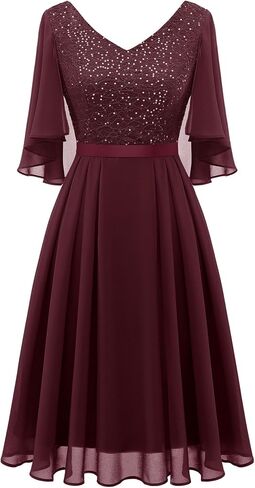 Dressystar Sequin Women Dresses Knee Length Dress Mother of The Bride Wedding Guest V-Neck Evening Formal Cocktail Gowns in Saudi Arabia