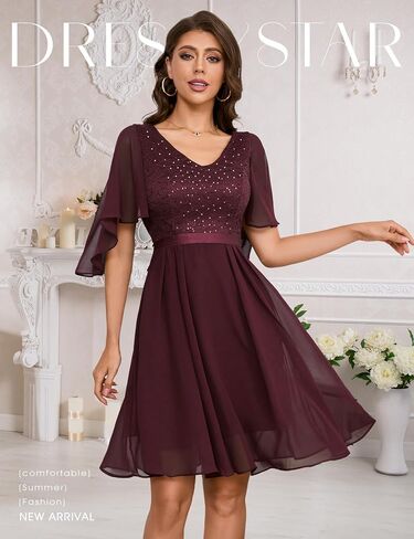 Dressystar Sequin Women Dresses Knee Length Dress Mother of The Bride Wedding Guest V-Neck Evening Formal Cocktail Gowns in Saudi Arabia