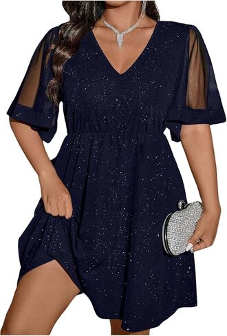 Floerns Women's Plus Size Generation Mesh Half Flounce Sleeve v Neck Grick Flared Hem in Saudi Arabia