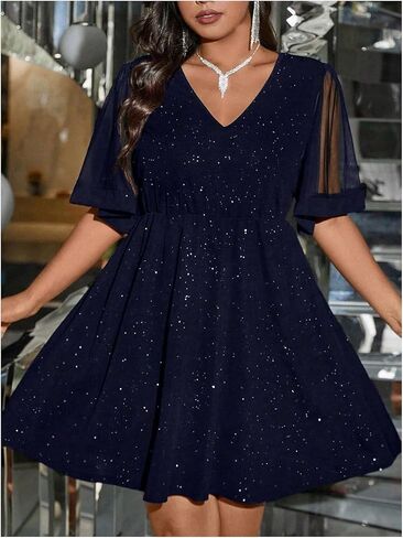 Floerns Women's Plus Size Generation Mesh Half Flounce Sleeve v Neck Grick Flared Hem in Saudi Arabia