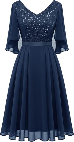 Dressystar Sequin Women Dresses Knee Length Dress Mother of The Bride Wedding Guest V-Neck Evening Formal Cocktail Gowns in Saudi Arabia