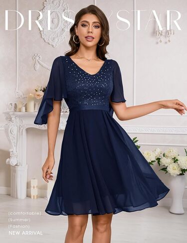 Dressystar Sequin Women Dresses Knee Length Dress Mother of The Bride Wedding Guest V-Neck Evening Formal Cocktail Gowns in Saudi Arabia