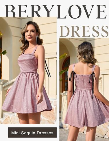 BeryLove Women Sequin Prom Dress Cocktail Sleeveless Sparkly Tie Party Mini Formal Dresses in Saudi Arabia