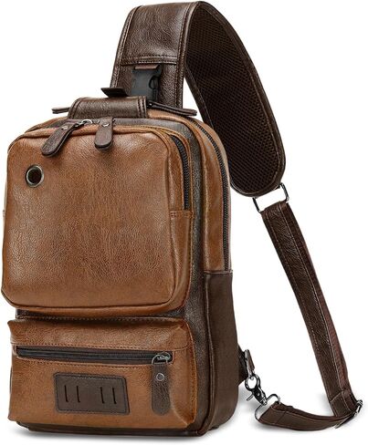 Vintage PU Leather Sling Backpack for Men, Crossbody Bag, Adjustable Shoulder Strap, Compact Backpack for Travel, Daily Use, and Gift, Light Brown in Saudi Arabia