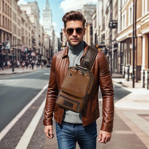 Vintage PU Leather Sling Backpack for Men, Crossbody Bag, Adjustable Shoulder Strap, Compact Backpack for Travel, Daily Use, and Gift, Light Brown in Saudi Arabia