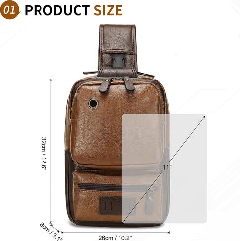 Vintage PU Leather Sling Backpack for Men, Crossbody Bag, Adjustable Shoulder Strap, Compact Backpack for Travel, Daily Use, and Gift, Light Brown in Saudi Arabia
