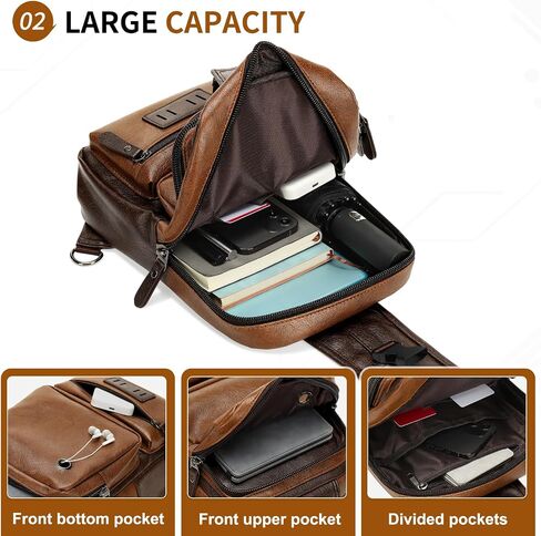 Vintage PU Leather Sling Backpack for Men, Crossbody Bag, Adjustable Shoulder Strap, Compact Backpack for Travel, Daily Use, and Gift, Light Brown in Saudi Arabia