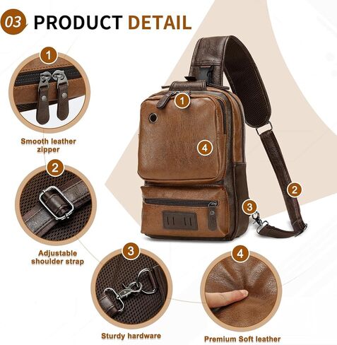 Vintage PU Leather Sling Backpack for Men, Crossbody Bag, Adjustable Shoulder Strap, Compact Backpack for Travel, Daily Use, and Gift, Light Brown in Saudi Arabia