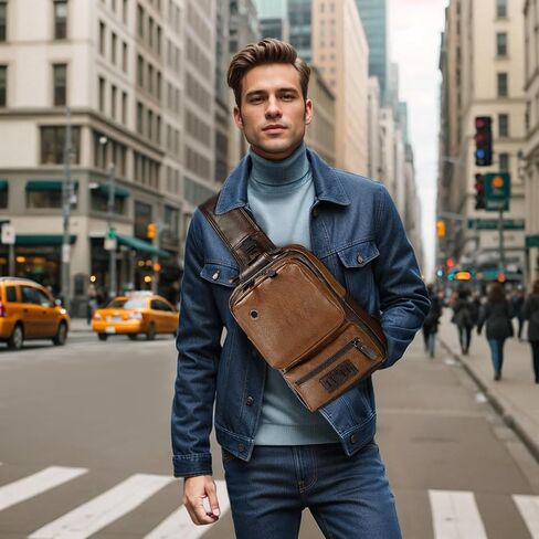 Vintage PU Leather Sling Backpack for Men, Crossbody Bag, Adjustable Shoulder Strap, Compact Backpack for Travel, Daily Use, and Gift, Light Brown in Saudi Arabia