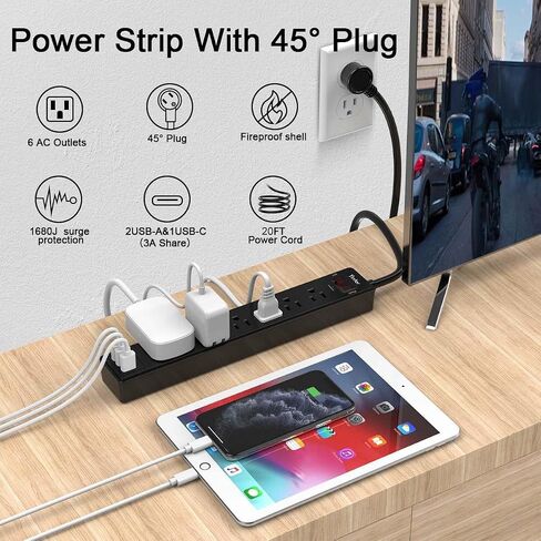 شريط طاقة بطول 6 اقدام، واقي من اندفاع التيار من ينتار مع 6 منافذ تيار متردد و3 منافذ USB، سلك تمديد بطول 6 اقدام للمنزل والمكتب واساسيات المسكن، 2100 جول، مدرج في قائمة اي تي ال، (اسود) in Saudi Arabia