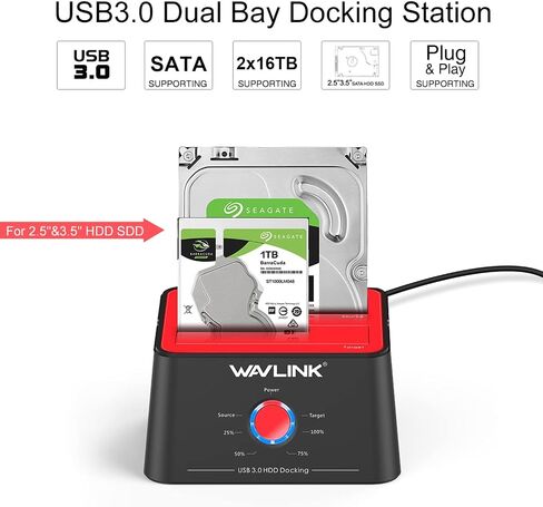 محطة إرساء القرص الصلب الخارجي WAVLINK USB 3.0 إلى SATA Dual Bay لقرص الأقراص الصلبة مقاس 2.5/3.5 بوصة HDD/SSD بحد أقصى 2x16 تيرابايت مع محول USB A إلى USB C ومحول طاقة، يدعم استنساخ UASP دون اتصال بالإنترنت in Kuwait