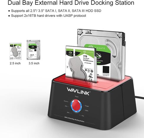 محطة إرساء القرص الصلب الخارجي WAVLINK USB 3.0 إلى SATA Dual Bay لقرص الأقراص الصلبة مقاس 2.5/3.5 بوصة HDD/SSD بحد أقصى 2x16 تيرابايت مع محول USB A إلى USB C ومحول طاقة، يدعم استنساخ UASP دون اتصال بالإنترنت in Kuwait