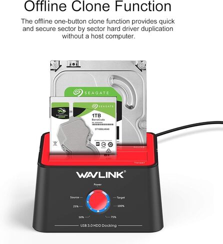 محطة إرساء القرص الصلب الخارجي WAVLINK USB 3.0 إلى SATA Dual Bay لقرص الأقراص الصلبة مقاس 2.5/3.5 بوصة HDD/SSD بحد أقصى 2x16 تيرابايت مع محول USB A إلى USB C ومحول طاقة، يدعم استنساخ UASP دون اتصال بالإنترنت in Kuwait