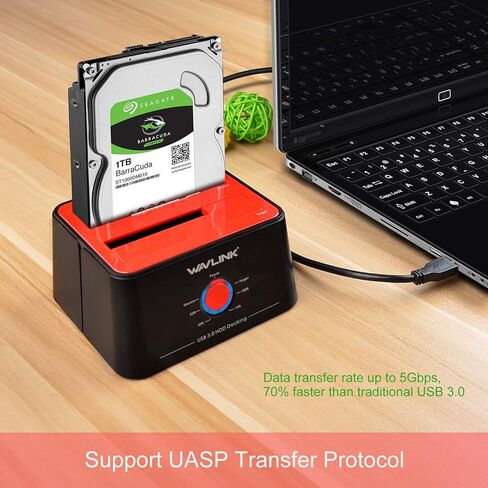 محطة إرساء القرص الصلب الخارجي WAVLINK USB 3.0 إلى SATA Dual Bay لقرص الأقراص الصلبة مقاس 2.5/3.5 بوصة HDD/SSD بحد أقصى 2x16 تيرابايت مع محول USB A إلى USB C ومحول طاقة، يدعم استنساخ UASP دون اتصال بالإنترنت in Kuwait