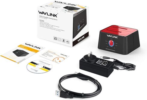 محطة إرساء القرص الصلب الخارجي WAVLINK USB 3.0 إلى SATA Dual Bay لقرص الأقراص الصلبة مقاس 2.5/3.5 بوصة HDD/SSD بحد أقصى 2x16 تيرابايت مع محول USB A إلى USB C ومحول طاقة، يدعم استنساخ UASP دون اتصال بالإنترنت in Kuwait