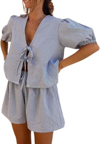 kmbangi نساء y2k 2 شورتات مجموعة peplum puff sleeve babydoll قميص قميص السراويل القصيرة التعادل in Kuwait