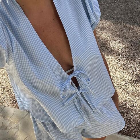 kmbangi نساء y2k 2 شورتات مجموعة peplum puff sleeve babydoll قميص قميص السراويل القصيرة التعادل in Kuwait