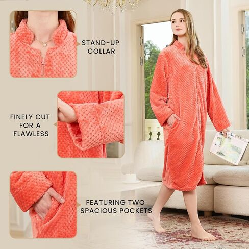 HEARTNICE Womens Flannel Zipper Robe, Soft Warm Robes for Women Cozy Long Sleeve Loungewear Luxurious Nightgown with Pockets in Saudi Arabia