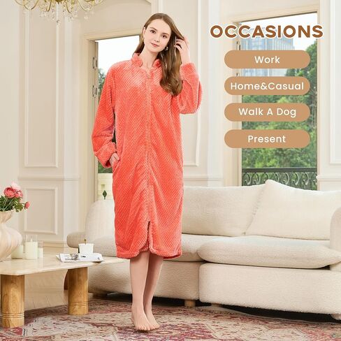 HEARTNICE Womens Flannel Zipper Robe, Soft Warm Robes for Women Cozy Long Sleeve Loungewear Luxurious Nightgown with Pockets in Saudi Arabia