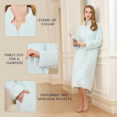 HEARTNICE Womens Flannel Zipper Robe, Soft Warm Robes for Women Cozy Long Sleeve Loungewear Luxurious Nightgown with Pockets in Saudi Arabia