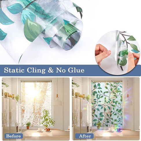 GORGECRAFT 39.4x16.9 Inch Rainbow Window Privacy Film Green Leaves Plant Static Glass Cling 3D Plastic Non-Adhesive Sun Blocking Glass Sticker Prism Stained Window Decals for Room Home in Saudi Arabia